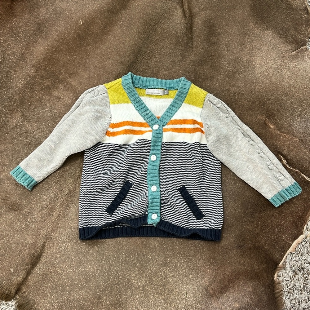 Catimini Striped Knit Cable Pocket Button Up V Neck Cardigan Sweater